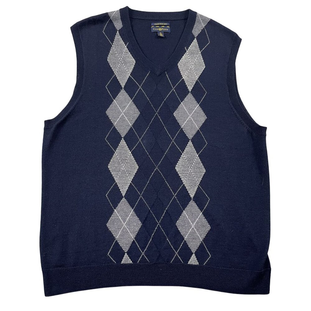 Club Room Sweater Vest Mens XL Argyle Merino Wool Blend‎ Preppy Navy